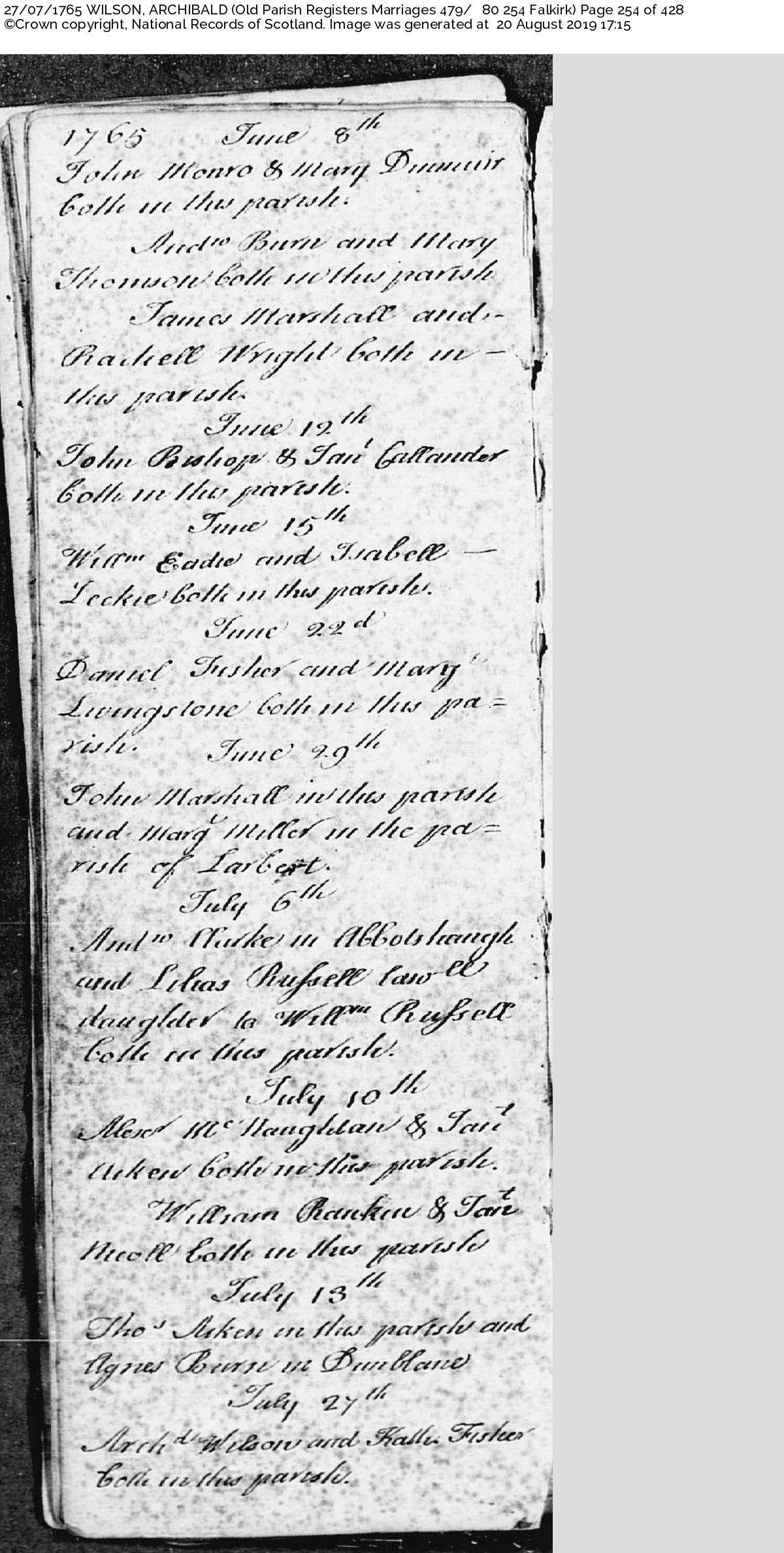 ArchibaldWilson_KatherineFisher_M1765 Falkirk, July 27, 1765